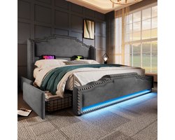 Gestoffeerd bed 180x200 cm - tweepersoonsbed met 4 lades - LED-verlichting en USB-C oplaadpoort - met opbergruimte - grijs - zonder matras