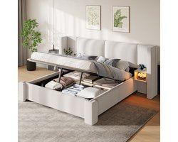 Gestoffeerd Bed 180x200 cm - Tweepersoonsbed met Hydraulische Opbergruimte - Bedkastjes met Ledverlichting - Zonder matras - Linnen - Beige