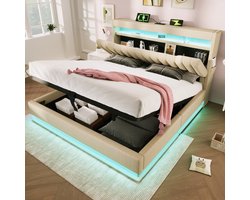 Gestoffeerd bed 180x200 cm Tweepersoonsbed - opberghoofdeinde met USB- en Type-C-poorten - LED-verlichting - met opbergruimte - beige - zonder matras