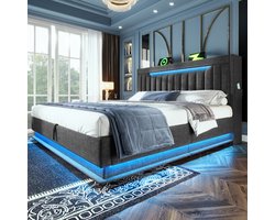 Gestoffeerd bed 180x200 cm Tweepersoonsbed - opberghoofdeinde met USB- en Type-C-poorten - LED-verlichting - met opbergruimte - grijs - zonder matras