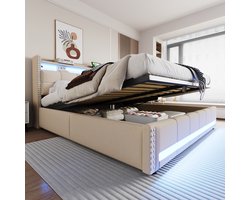 Gestoffeerd Bed 180x200 - Met LED USB En Hydraulische Opbergruimte - Hoofdbord Met Planken - Linnen - Beige