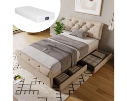 Gestoffeerd bed 90 x 200 cm - 2 lades en verstelbaar hoofdbord - Inclusief matras - totale afmetingen 225 x 98 x 104-110 cm (L x B x H) - Naturel