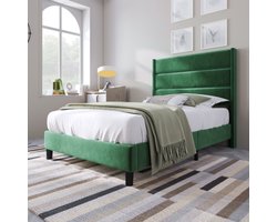 Gestoffeerd bed 90 x 200 cm, bedframe met lattenbodem en hoofdeinde, gestoffeerd tweepersoonsbed, textielbekleding van linnen in donkergroen, tijdloos modern design, jeugdbed