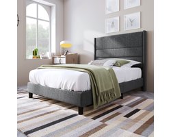 Gestoffeerd bed 90 x 200 cm, bedframe met lattenbodem en hoofdeinde, gestoffeerd tweepersoonsbed, textielbekleding van linnen in grijs, tijdloos modern design, jeugdbed