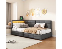 Gestoffeerd bed 90 x 200 cm, eenpersoonsbed met opbergruimte, slaapbank met 2 lades, chaise longue met led- en usb-aansluiting, kinderbed met lattenbodem, linnen, zonder matras (grijs, 90 x 200 cm)
