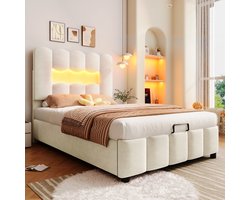Gestoffeerd bed 90 x 200 cm - geen matras - LED-verlichting - met opbergruimte - verstelbaar hoofdeinde - beige