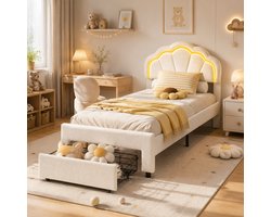 Gestoffeerd bed, 90 x 200 cm, kinderbed met ledverlichting, eenpersoonsbed met hoofdbord en lattenbodem, ladebed met opbergruimte, geschikt voor tieners en meisjes, fluweel Wit