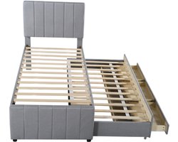 Gestoffeerd bed 90 x 200 cm met uitschuifbed en opberglades, linnen bekleding, vlak eenpersoonsbed, kinderbed, jeugdbed, logeerbed (grijs)