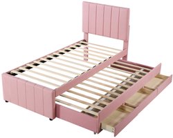 Gestoffeerd bed 90 x 200 cm met uitschuifbed en opberglades, linnen bekleding, vlak eenpersoonsbed, kinderbed, jeugdbed, logeerbed (roze)