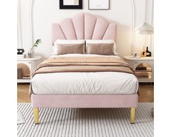 Gestoffeerd bed 90 x 200 cm - Schelpachtig bed met gouden ijzeren poten - Eenpersoonsbed - Verstelbaar hoofdeinde - Roze