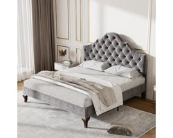 Gestoffeerd bed 90*200 - met lattenbodem en hoofdeinde- Gestoffeerd bed met in hoogte verstelbaar hoofdeinde - Jeugdbed, eenpersoonsbed - Houten lattenbodem, eenvoudige montage - Fluweel - Grijs