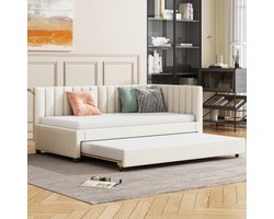 Gestoffeerd bed 90*200, slaapbank, multifunctioneel bed met lattenbodem, jeugdbedden, kinderbedden, logeerbedden, beige fluwelen stof