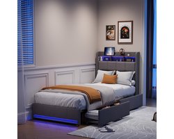 Gestoffeerd bed 90×200cm in grijs – linnen stof, 2 zijladen, hoofdeinde met USB & Type-C poort, LED-licht – ideaal voor slaapkamers