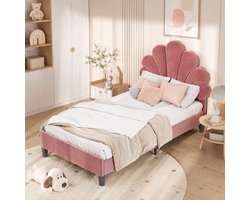 Gestoffeerd bed 90x200 cm - Eenpersoonsbed 90x200 cm - Hoofdbord met Fluwelen stof - Bloemblad-vormig hoofdbord - Houten Lattenbodem - Rood