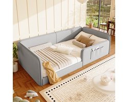 Gestoffeerd Bed 90x200 cm - Eenpersoonsbed Met Veiligheidsrand en Opbergvakken - Zonder Matras - Platformbed van Linnen en MDF - Grijs