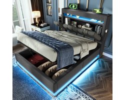 Gestoffeerd bed 90x200 cm Eenpersoonsbed - opberghoofdeinde met USB- en Type-C-poorten - LED-verlichting - met opbergruimte - grijs - zonder matras