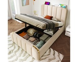 Gestoffeerd bed 90x200 cm - hoofdeinde met gouden sierrand - USB Type-C oplaadfunctie - met opbergruimte - beige - zonder matras