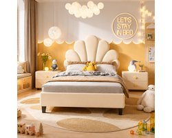 Gestoffeerd bed, 90x200 cm, Kinderbed met hoofdbord met bloemenpatroon en lattenbodem, Eenpersoonsbed, meisjesbed, jongensbed, geschikt voor tienermeisjes en tieners, fluwelen stof, Beige