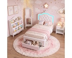 Gestoffeerd bed, 90x200 cm, kinderbed, prinsessenbed voor meisjes, met ledverlichting, zachte beschermranden, kroonvormig hoofdeinde, metalen poten, eenpersoonsbed, PU-materiaal, Wit