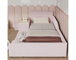 Gestoffeerd bed 90x200 cm - met kinderbureau en krukje - met opbergplank - kinderbed - roze