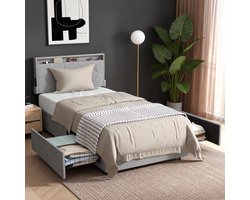 Gestoffeerd Bed 90x200 cm met Lades – Linnen Bedframe met Opbergruimte – Hoofdbord met Vakken – Lichtgrijs