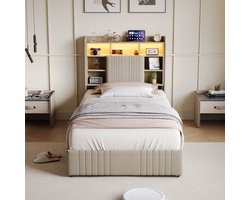 Gestoffeerd Bed 90x200 cm met LED en USB-C – Eenpersoonsbed met Hoofdbord Opbergruimte en 2 Opberglades, Beige Linnen, Geschikt voor Volwassenen en Jongeren (Zonder Matras)