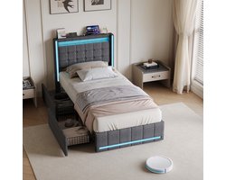 Gestoffeerd bed 90x200 cm met LED en USB, Eenpersoonsbed met 2 opbergladen, Jongerenbed met opbergruimte en lattenbodem, bedframe voor Volwassenen en Tieners, zonder matras, Linnen Grijs