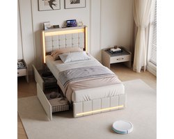 Gestoffeerd bed 90x200 cm met LED en USB, Eenpersoonsbed met 2 opbergladen, Jongerenbed met opbergruimte en lattenbodem, bedframe voor Volwassenen en Tieners, zonder matras, Linnen Beige