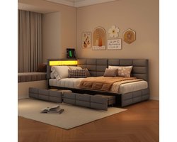 Gestoffeerd bed 90x200 cm met LED en USB, eenpersoonsbed met opbergruimte en lattenbodem,2 laden,slaapbank met rugleuning voor jongerenbed, linnen grijs, zonder matras