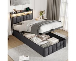 Gestoffeerd bed 90x200 cm met LED en USB - Hydraulisch eenpersoonsbed met lattenbodem en hoofdeinde opbergruimte, Opbergbed (zonder matras) grijs linnen