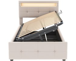 Gestoffeerd bed 90x200 cm, met ledverlichting, hydraulisch opbergbed, in hoogte verstelbaar hoofdeinde, eenpersoons hoogslaper, fluwelen stof, beige