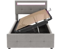 Gestoffeerd bed 90x200 cm, met ledverlichting, hydraulisch opbergbed, in hoogte verstelbaar hoofdeinde, eenpersoons hoogslaper, fluwelen stof, grijs