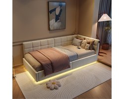 Gestoffeerd bed 90x200 cm met opbergruimte, LED-verlichting en USB-poorten – multifunctioneel opbergbed / slaapbank van fluweel beige eenpersoonsbed met lattenbodem zonder matras