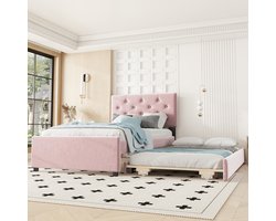 Gestoffeerd bed 90x200 cm - Met uitschuifbaar rolbed en lades - 1-2 personen - Roze - Knopenhoofdeinde van zacht fluweel - Inclusief lattenbodem - Stabiel MDF-frame