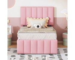 Gestoffeerd Bed 90x200 cm met Uittrekbed en Opberglades – Zacht Linnen, Kinder-, Jeugd- en Logeerbed, Roze