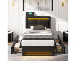 Gestoffeerd bed 90x200 cm, met USB-poort (ondersteunt draadloos en bekabeld opladen), met ledverlichting en vier lades, zonder matras, PU-lychee-patroon, zwart