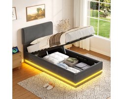 Gestoffeerd Bed - 90x200 cm - Modern met LED - USB-C en Opbergruimte - Ribfluweel - Grijs
