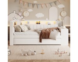Gestoffeerd bed 90x200cm slaapbank met USB-poorten en LED-gordel, met uitschuifbaar bed en bureau, wit