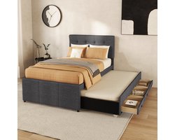 Gestoffeerd bed - 90x200cm(90x190cm) - Familiebed met drie lades - Uitschuifbaar opklapbed - Verstelbaar hoofdeinde - Zonder matras - Grijs