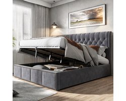Gestoffeerd bed Boxspring bed 160x200 cm met opbergruimte en lattenbodem,tweepersoonsbed,Opbergbed,jeugdbed rugleuning bedframe,fluwelen,grijs,zonder matras
