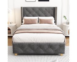 Gestoffeerd Bed - Boxspring Bed - Comfortabel Slapen - Knoopdetails Hoofdeinde - 90 x 200 cm - Grijs