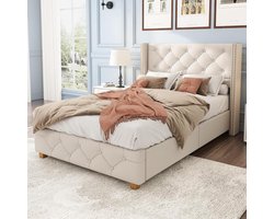 Gestoffeerd Bed - Boxspring Bed - Comfortabel Slapen - Knooptufting Hoofdeinde - 90 x 200 cm - Donkerbeige