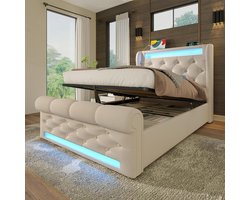 Gestoffeerd Bed - Boxspring Bed - Slapen en Opbergen - Met LED en Laadstation - 90 x 200 cm - Beige