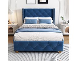 Gestoffeerd Bed - Boxspring Frame - Slaapcomfort Creëren - Knoopbekleding Hoofdeinde - 90 x 200 cm - Blauw