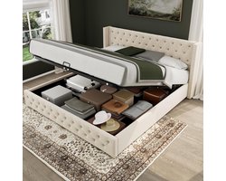 Gestoffeerd Bed - Boxspring look - Slaapkamer opbergen - Verstelbaar hoofdeinde - 160x200 cm - Beige