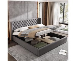Gestoffeerd Bed - Boxspringbed Tweepersoons - Opbergen en Slapen - Hydraulische Ladefunctie - 180 x 200 cm - Grijs