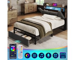 Gestoffeerd bed Bubble bed, USB-oplaadfunctie en hoofdeinde opbergruimte, eenpersoonsbed met opbergruimte, gestoffeerd bed met led-lichtstrip, zonder matras, grijs, 90 x 200 cm