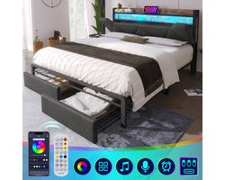 Gestoffeerd bed Bubble bed, USB-oplaadfunctie en hoofdeinde opbergruimte, tweepersoonsbed met opbergruimte, gestoffeerd bed met led-lichtstrip, zonder matras, grijs, 140 x 200 cm