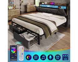 Gestoffeerd bed Bubble bed, USB-oplaadfunctie en hoofdeinde opbergruimte, tweepersoonsbed met opbergruimte, gestoffeerd bed met led-lichtstrip, zonder matras, grijs, 160 x 200 cm