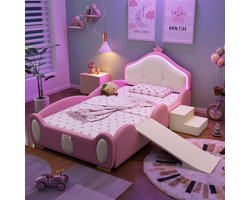 Gestoffeerd bed - Crown Cartoon bed - Met Multi-mode LED-strip - Kinderbed Met Kleine Glijbaan En Trap - Roze - 90x200cm - zonder matras